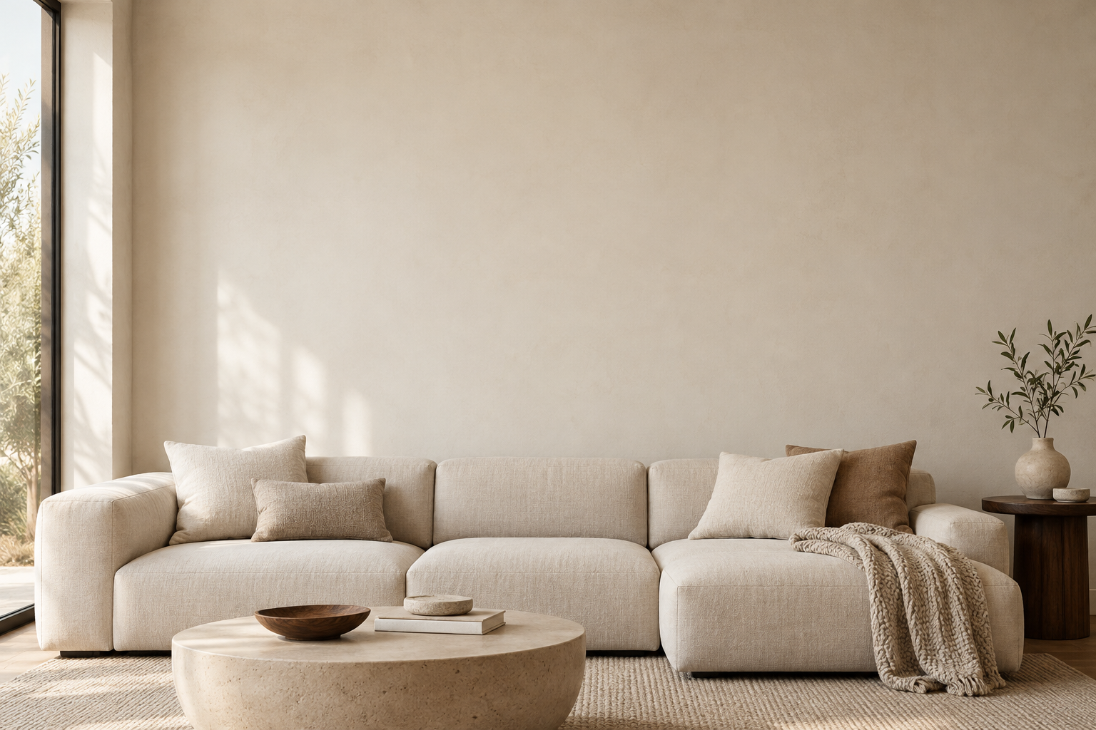 A warm living room with an ivory wall and cream sofa